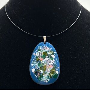 Copper Enamel Pendant On Wire Choker, Blue, Pink, Green, Signed